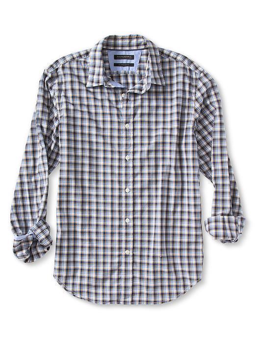 Banana Republic Mens Tailored Slim Fit Custom 078 Wash Blue Check Shirt Size L Tall - Preppy Navy