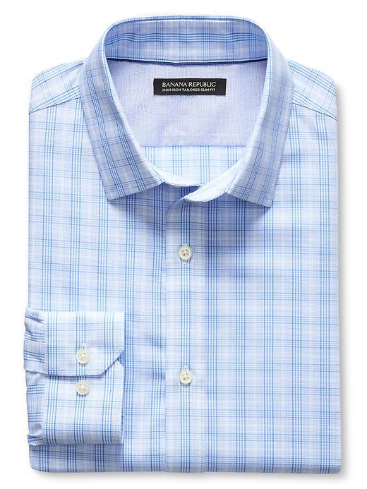 Banana Republic Mens Tailored Slim Fit Non Iron Micro Check Shirt Size Xl - Damselfish Blue