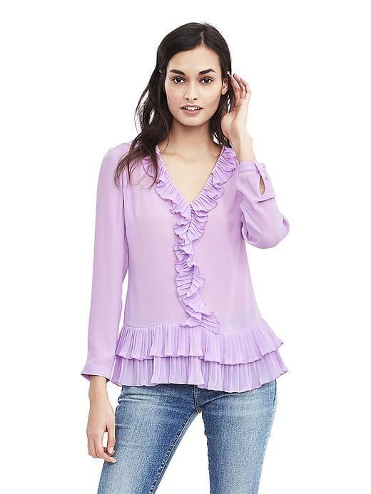 Banana Republic Womens Pleated Ruffle Vee Neck Top - Lilac Wine
