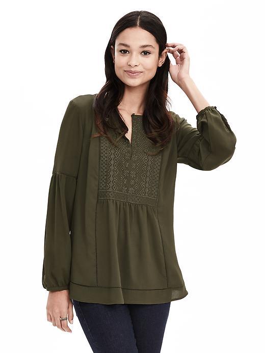 Banana Republic Embroidered Crepe Blouse Size L Petite - Dark Cypress
