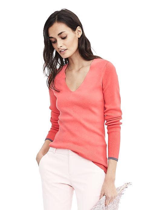 Banana Republic Womens Italian Silk Cotton Ribbed Vee Pullover - Pop Pink