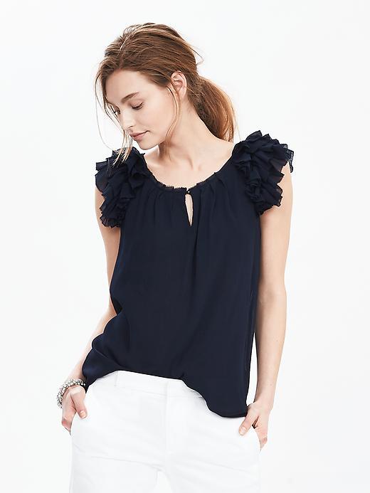 Banana Republic Ruffle Shoulder Keyhole Top Size S Petite - Preppy Navy