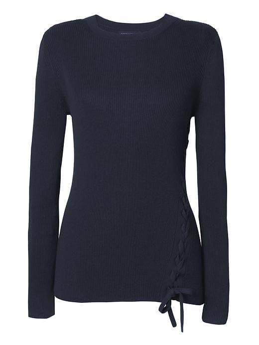Banana Republic Womens Cotton Blend Lace Up Ribbed Pullover Crew - Navy