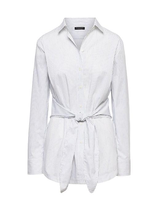 Banana Republic Womens Parker Tunic-fit Stripe Super Stretch Tie-front Shirt White Stripe Size S