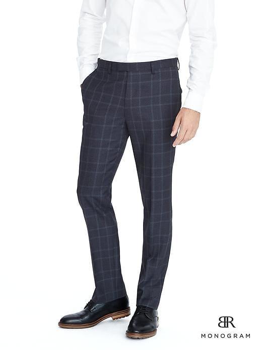 Banana Republic Mens Slim Monogram Navy Plaid Wool Suit Trouser - Navy