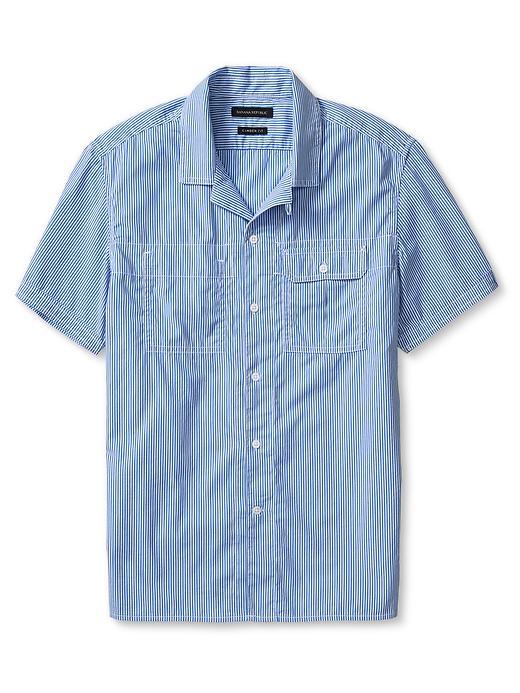 Banana Republic Mens Camden Fit Stripe Short Sleeve Shirt Size L Tall - Mythic Blue