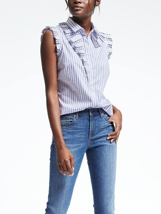 Banana Republic Riley Fit Stripe Sleeveless Ruffle Shirt - French Blue