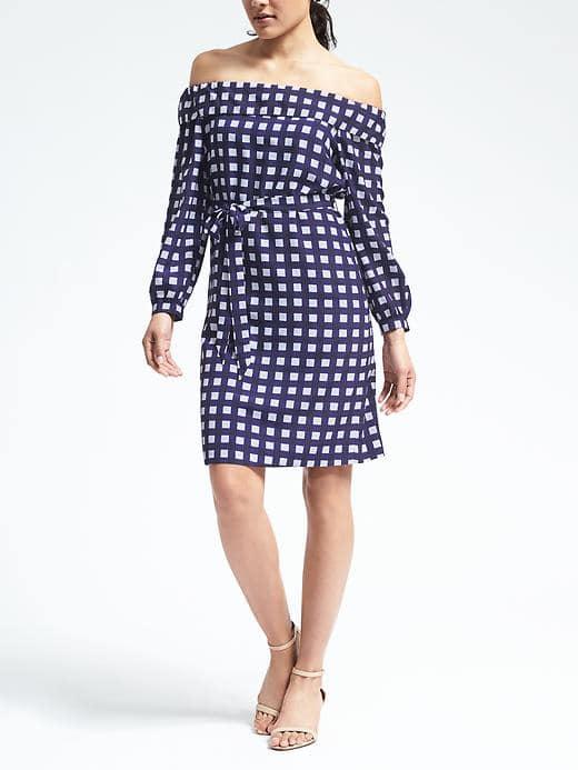 Banana Republic Womens Off Shoulder Gingham Dress - Navy