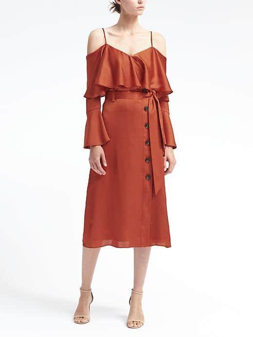 Banana Republic Womens Ruffled Off The Shoulder Dress - Cayenne