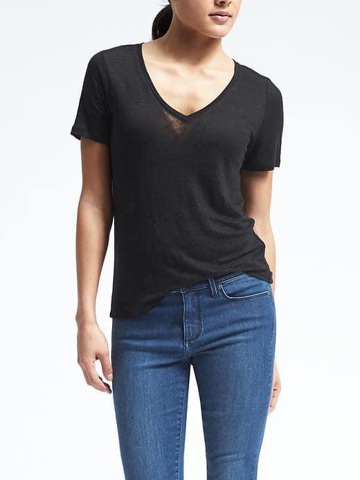 Banana Republic Short Sleeve Linen Vee Tee - Black