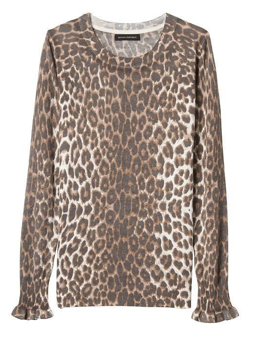 Banana Republic Womens Fine Italian Superloft Leopard Print Ruffle Cuff Pullover Crew - Brown Print