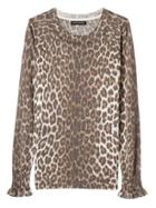 Banana Republic Womens Fine Italian Superloft Leopard Print Ruffle Cuff Pullover Crew - Brown Print