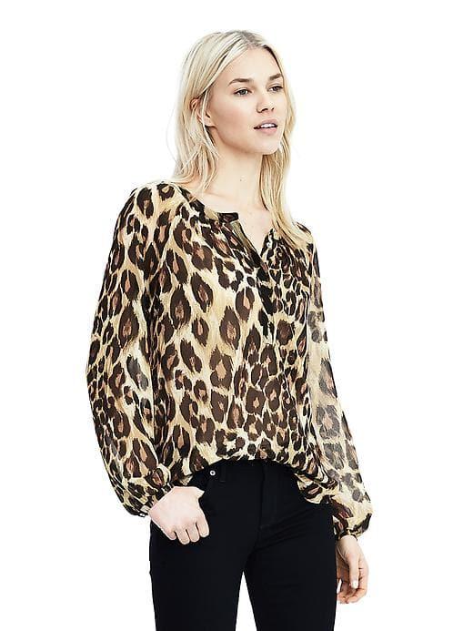Banana Republic Womens Leopard Pleat Neck Top - Brown/midnight