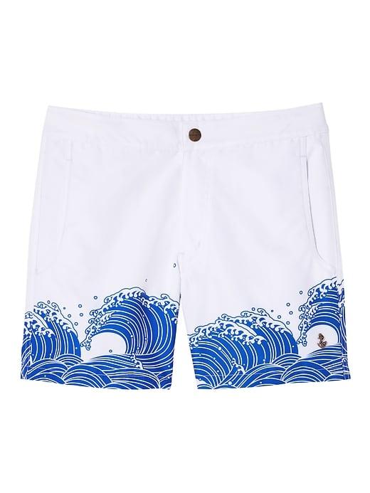 Banana Republic Mens Retromarine Odaiba Japanese Waves Printed Swim Short White Size 33w
