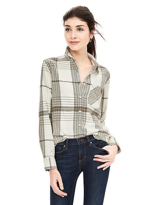 Banana Republic Womens Soft Wash Bold Plaid Boyfriend Shirt Size L Tall - Tigers Eye Green