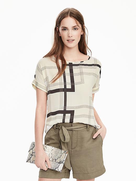 Banana Republic Womens Print Roll Sleeve Top Size L - Organic Natural