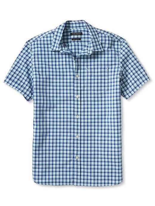 Banana Republic Mens Custom Wash Short Sleeve Multi Check Shirt Size L Tall - Blue Willow
