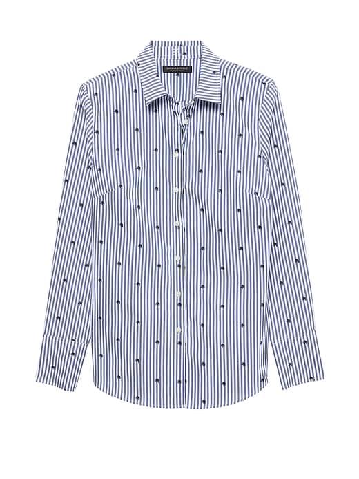 Banana Republic Womens Petite Riley Tailored-fit Elephant Print Shirt Bold Blue Stripe Size 2