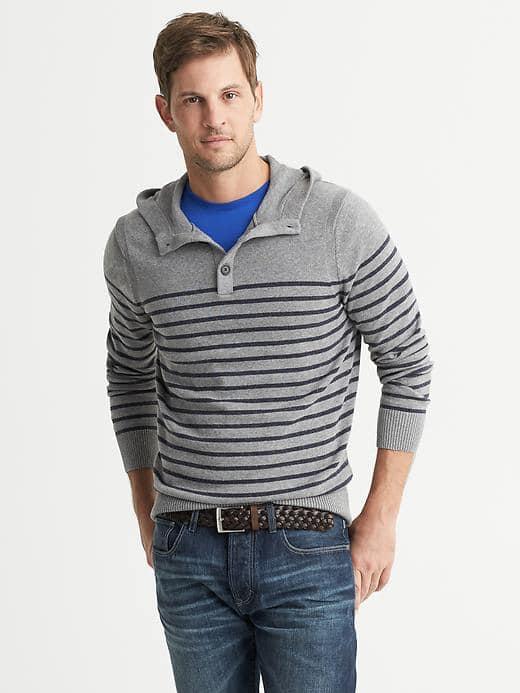 Banana Republic Striped Button Neck Hooded Pullover - Grey Heather