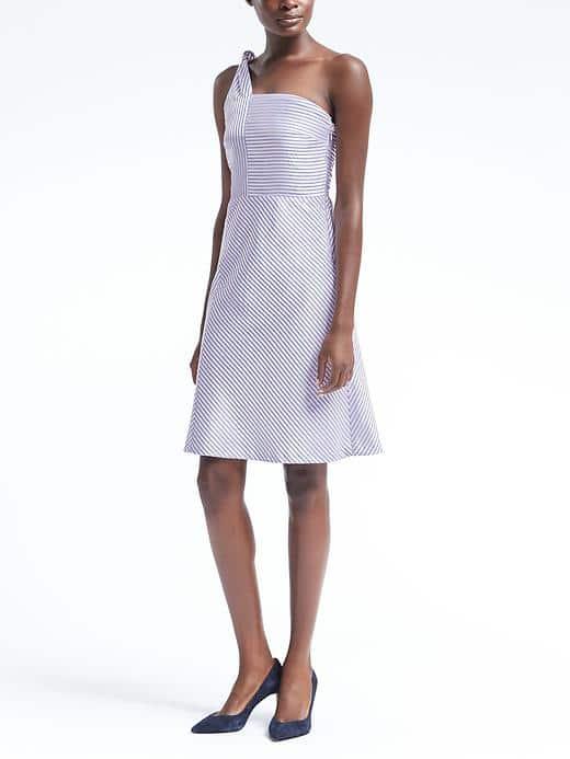 Banana Republic Womens Stripe One Shoulder Fit And Flare Dress - Blue Stripe