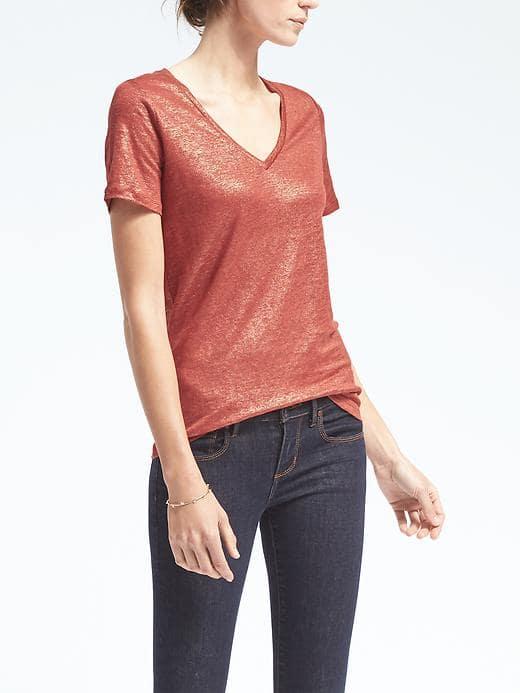 Banana Republic Womens Short Sleeve Foil Linen Vee Tee - Rustic