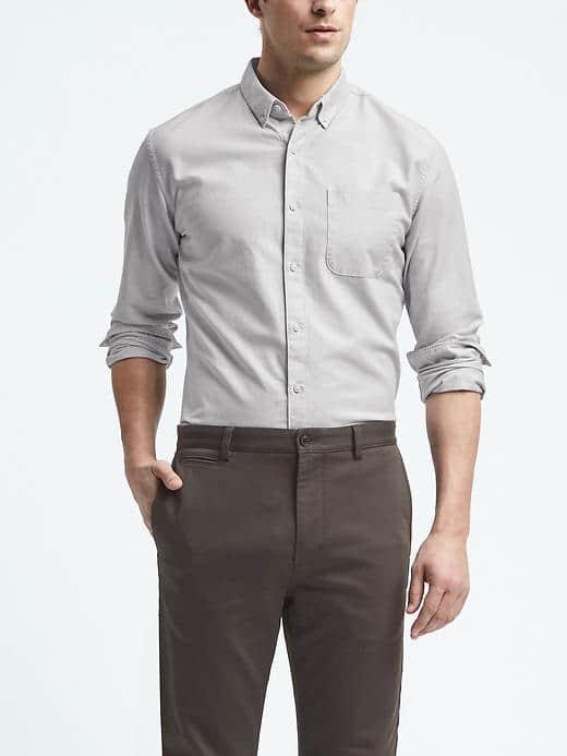 Banana Republic Mens Camden Fit Cotton Stretch Oxford Shirt - Light Gray