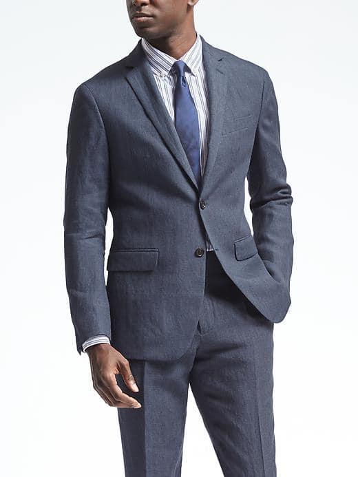 Banana Republic Mens Slim Navy Houndstooth Linen Suit Jacket - Navy