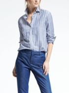 Banana Republic Womens Dillon Fit Linen Blend Stripe Shirt - Light Blue Stripe