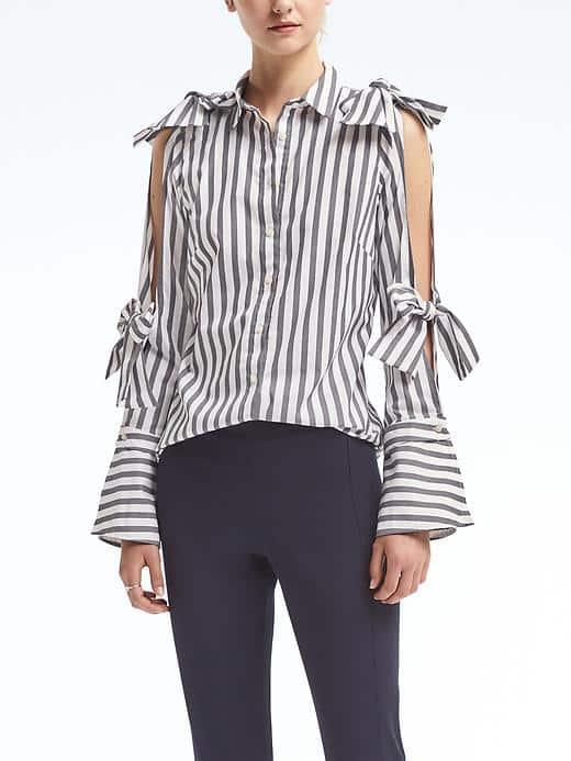 Banana Republic Womens Riley Fit Stripe Cold Shoulder Bow Top - Blue Stripe