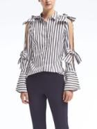 Banana Republic Womens Riley Fit Stripe Cold Shoulder Bow Top - Blue Stripe