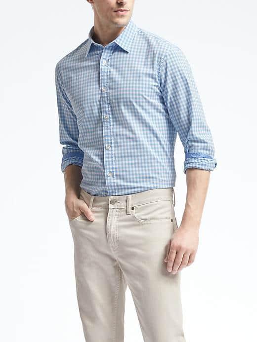 Banana Republic Mens Camden Fit Custom 078 Wash Gingham Shirt - Blue Tropic