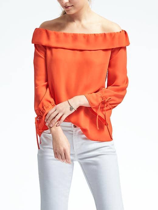 Banana Republic Womens Easy Care Crepe Off Shoulder Top - Geo Red