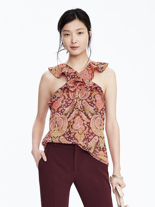 Banana Republic Paisley Cross Neck Top Size L Petite - Coral Dream