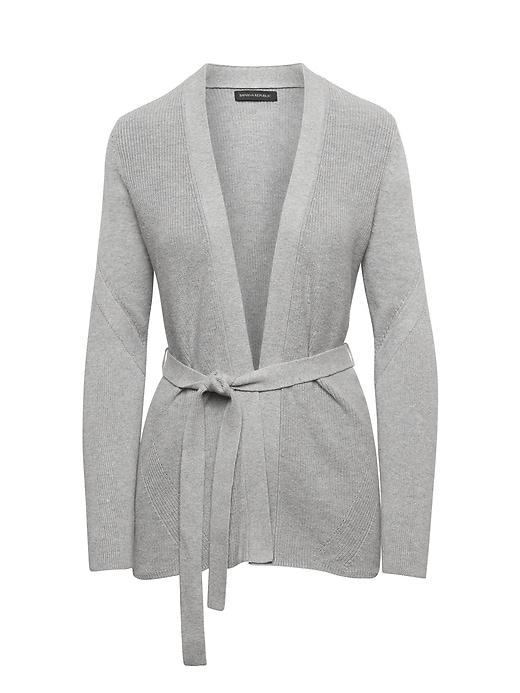 Banana Republic Womens Cotton-blend Ribbed Cardigan Sweater With Belt Heather Gray Size L