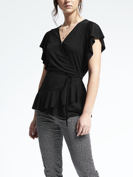 Banana Republic Womens Short Sleeve Ruffle Wrap Top - Black