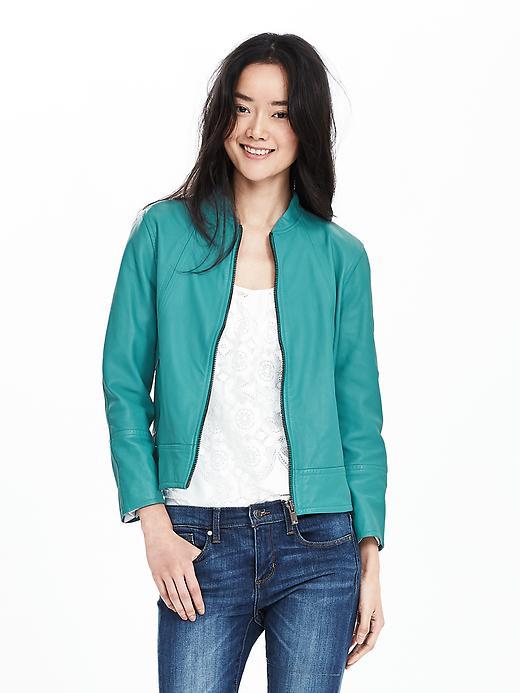 Banana Republic Womens Blue Leather Bomber Jacket Size L - Magical Blue