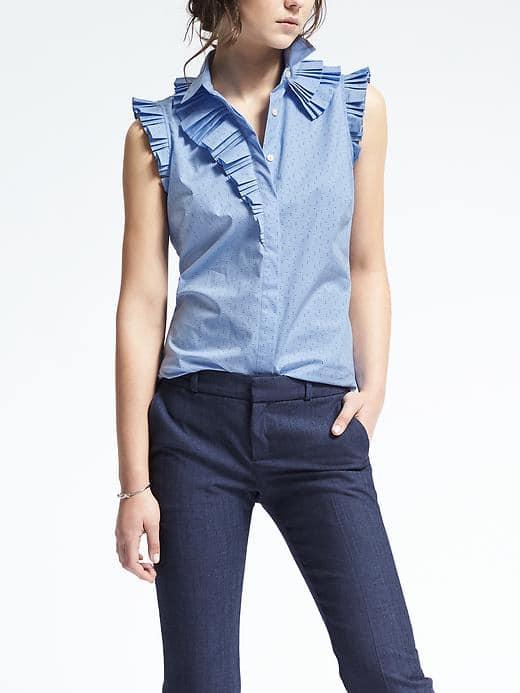 Banana Republic Riley Fit Sleeveless Dot Print Ruffle Shirt - Cool Water
