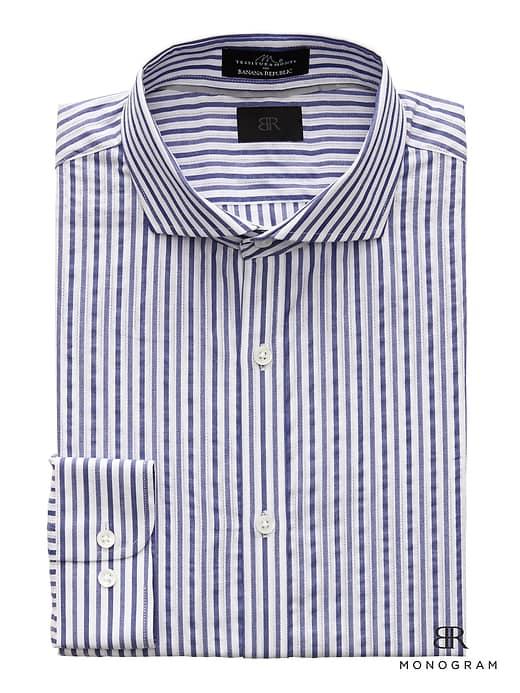 Banana Republic Mens Monogram Grant Slim-fit Italian Cotton Stripe Dress Shirt Comet Blue Size Xxs