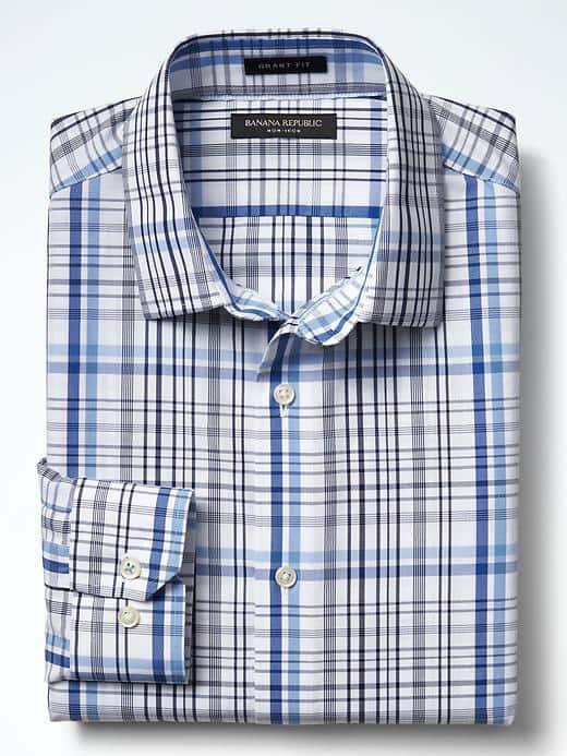 Banana Republic Mens Grant Fit Non Iron Poplin Plaid Shirt - Blue Voyage