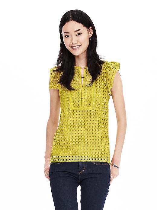 Banana Republic Geo Lace Ruffle Top Size L - Bright Celery
