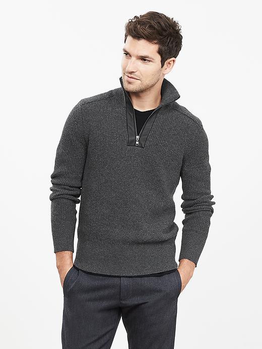 Banana Republic Mens Leather Trim Half Zip Pullover Size L Tall - Moonless Night