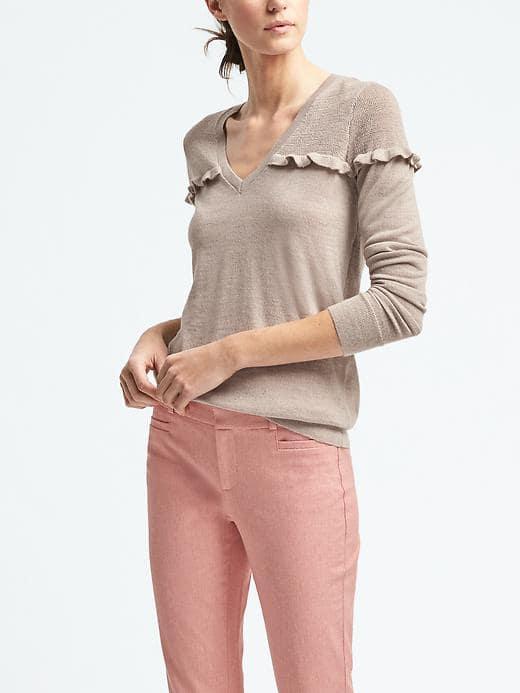 Banana Republic Womens Merino Ruffle Vee Sweater - Oatmeal Heather