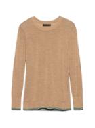 Banana Republic Womens Machine-washable Merino Crew Sweater-neck Sweater Camel With Emerald, Navy & White Accent Size M