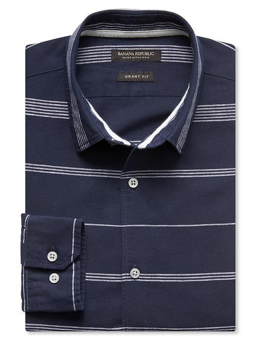 Banana Republic Mens Grant Fit Navy Stripe Cotton Linen Shirt Size L Tall - Navy