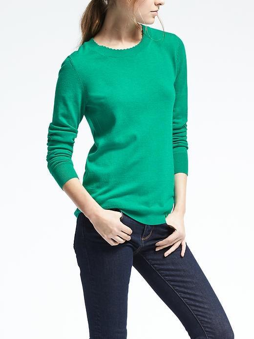 Banana Republic Womens Merino Scallop Crew Pullover Emerald Green Size Xs