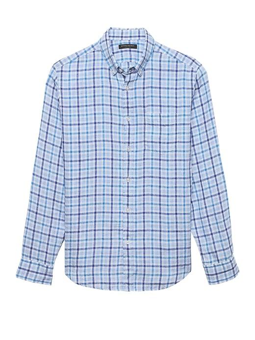 Banana Republic Mens Grant Slim-fit Linen Gingham Shirt Comet Blue Size Xs