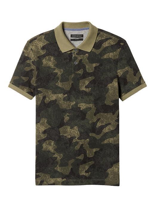 Banana Republic Mens Slim Pique Camo Print Polo - District Green