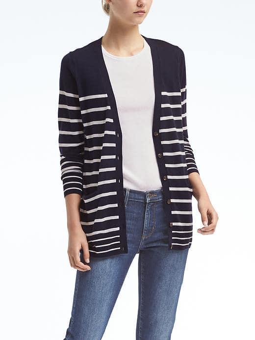 Banana Republic Womens Washable Merino Stripe Boyfriend Cardigan - Navy