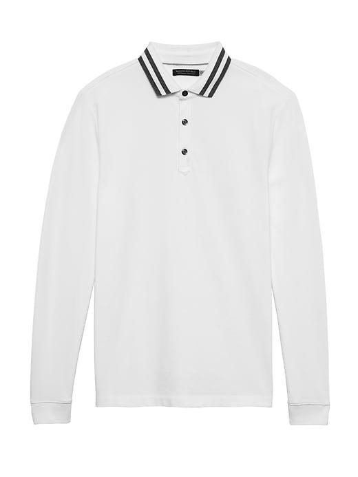 Banana Republic Mens Don';t-sweat-it Long-sleeve Stripe-collar Polo Shirt Optic White Size Xs
