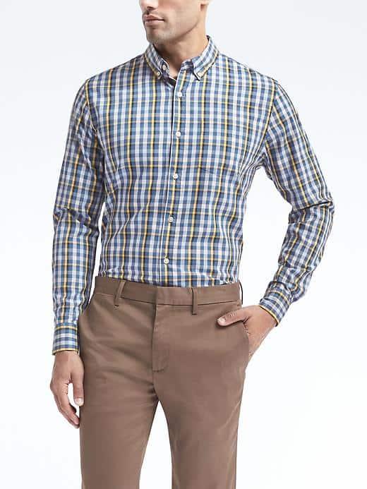 Banana Republic Mens Camden Fit Cotton Stretch Pinpoint Gingham Oxford Shirt - Honeycomb